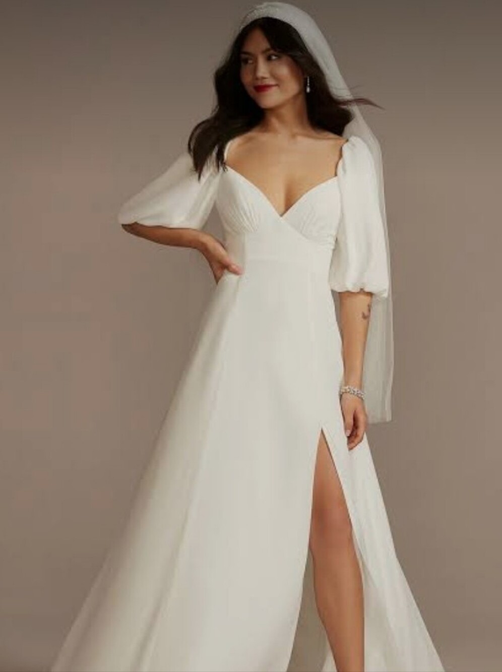 David's Bridal Bubble Sleeve Georgette Wedding Dress